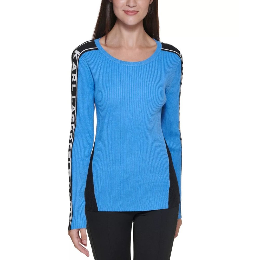 NEW Karl Lagerfeld Paris Blue Marina Logo-Sleeve Ribbed Pullover Sweater Size M